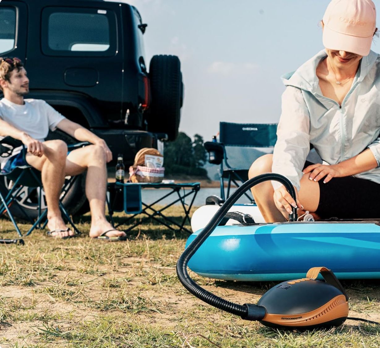 amazon outdoormaster 12vDC inflator pump in action